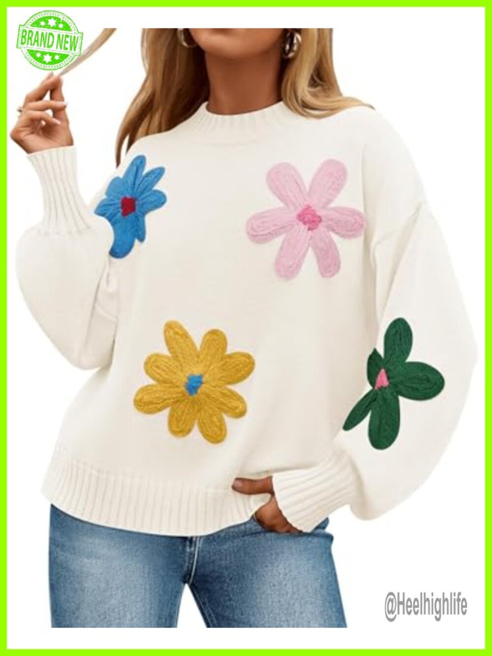 Womens Floral Knit Pullover Sweater Long Lantern Sleeve Crew Neck